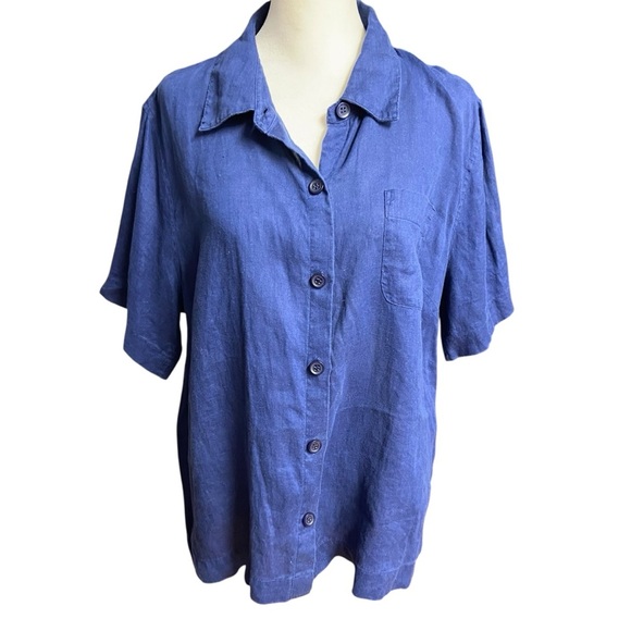 Coldwater Creek Oversized Linen Camp Shirt Size LP Indian Ink Blue Button Down - Picture 4 of 10